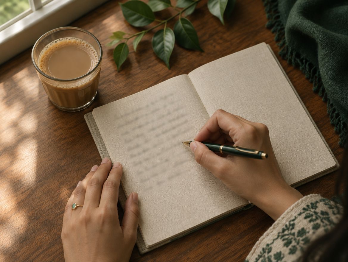 Hands writing in a notebook beside a glass of chai